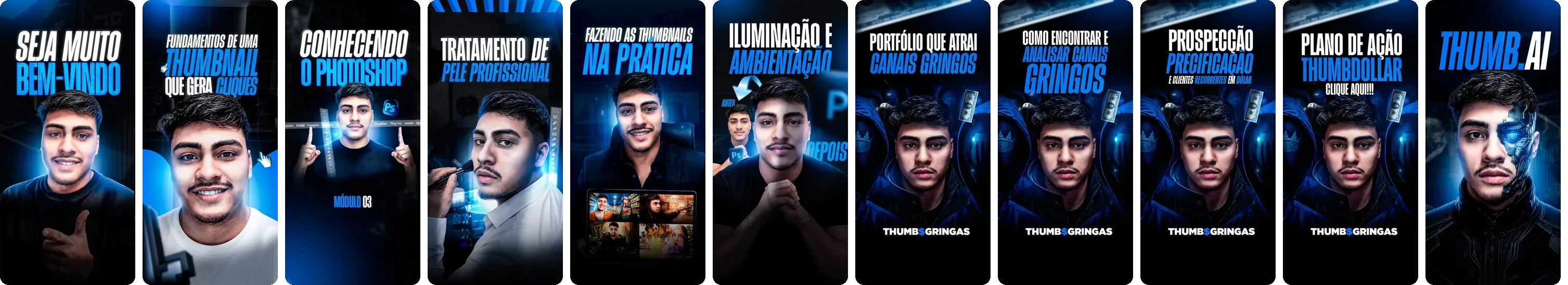 Prévia dos 11 módulos do curso: fundamentos, boas-vindas, Photoshop, tratamento de pele, prática, ambientação e iluminação, thumb.ai, portfólio e prospecção