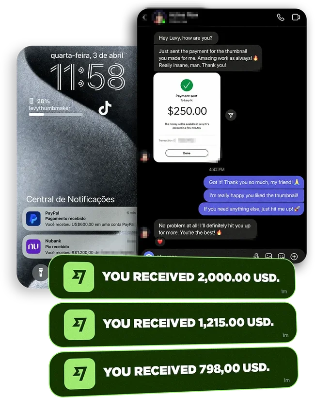 Notificações reais de pagamentos recebidos em dólar por thumbnails