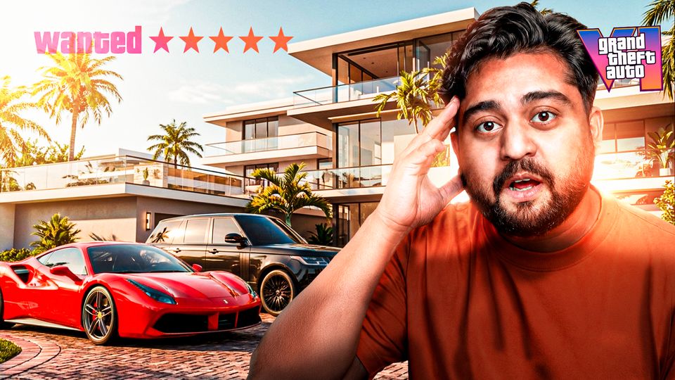 Thumbnail estilo GTA VI com reação de wanted